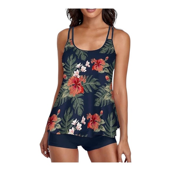 Floral Tankini Swimsuit‎ Tropical Print Two Piece Bathing Suit Size Medium New - Picture 1 of 15
